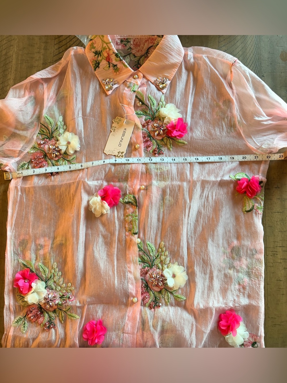NWT KEBUNUO Pink Sheer Floral Embroidered 3D Appliqué Button-Up Blouse OS - Picture 12 of 12